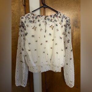 white long sleeve, see through sleeves, butterfly print